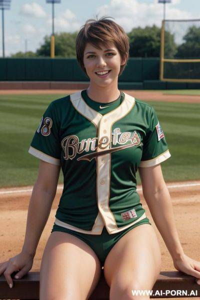 Humongous breasts, brown hair, green eyes, pixie haircut, baseball jersey, no pants, showing pussy, smile, baseball field, sitting on bench - ai-porn.ai on pornintellect.com