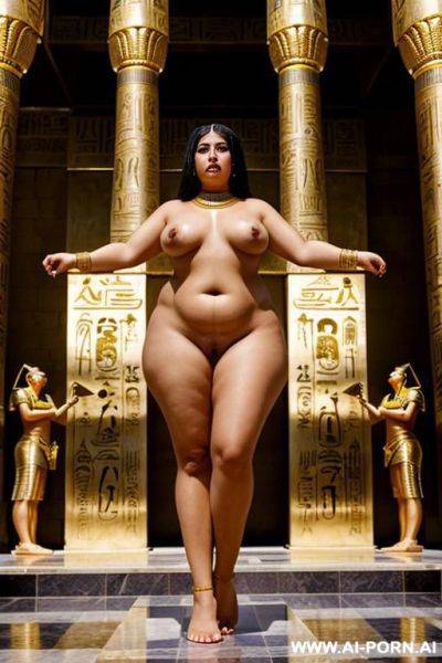A chubby naked egyptian female temple servant stands in front of a golden egyptian shrine - ai-porn.ai - Egypt on pornintellect.com