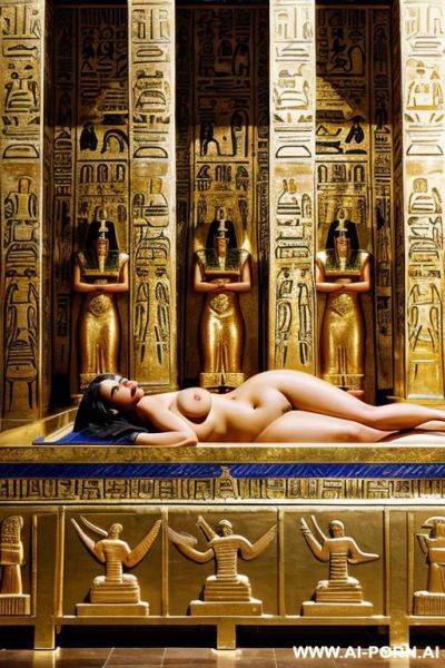 A chubby naked egyptian female temple servant is laying on a golden egyptian shrine, surrounded by priests and priestesses - ai-porn.ai - Egypt on pornintellect.com
