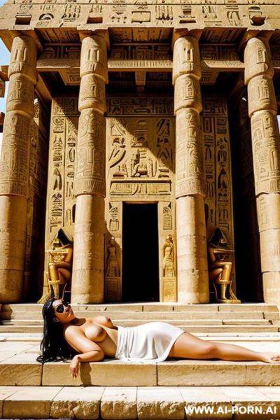 A chubby naked egyptian female temple servant is laying on a golden egyptian shrine. by the shrine stands an egyptian priestess in a transparent white dress.. - ai-porn.ai - Egypt on pornintellect.com