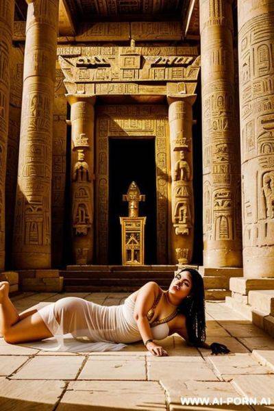 A chubby egyptian temple servant is laying on a golden egyptian shrine. by the shrine stands an egyptian priestess in a transparent white dress. she brings her female naked temple servant to orgasm. - ai-porn.ai - Egypt on pornintellect.com
