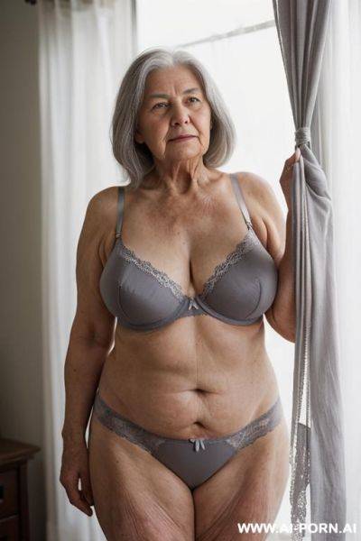It is nighttime. thick curtains fully cover the window — ((completely blocking any light from outside!)).a very old ukrainian village woman is quietly getting ready for bed.granny is standing in - ai-porn.ai - Ukraine on pornintellect.com