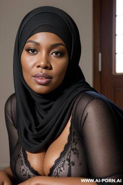 Curvy black woman, large gigantic massive oversized breasts, black hijab that covers her body, happy horny seductive expression, sleepy eyes, kneeling on the floor, bending over - ai-porn.ai on pornintellect.com