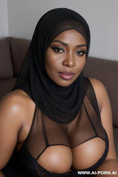 Curvy black woman with large massive breasts wearing a transparent black hijab that covers her body, horny, seductive, sleepy eyes - ai-porn.ai on pornintellect.com