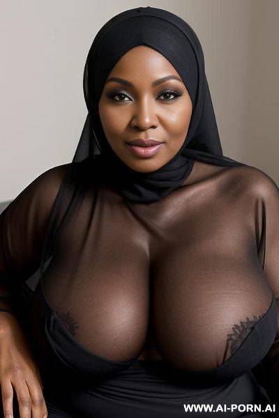 A curvy black woman with large massive breasts wearing a transparent black hijab that covers her body - ai-porn.ai on pornintellect.com