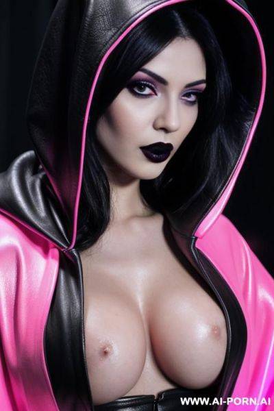 (close up) (goth woman) (pallid skin) (black hair with neon pink highlights) (open elegant leather hooded robe) (dance club neon lights) - ai-porn.ai on pornintellect.com