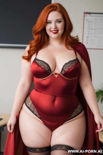 Close up half body photo shot, about at classroom, chubby ((very obese)) redhead fat bbw curvy teacher, wearing a hot heroine (red and gold) suit, a flowing cape and a sleek eye mask and stocking, teaching to the classroom. - ai-porn.ai on pornintellect.com