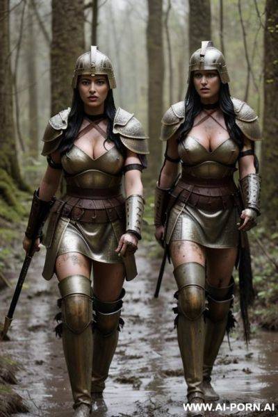 Roman soldiers holding weapons walking through woods differently clothed. there is also a female centurion. all permans have roman helmets on - ai-porn.ai on pornintellect.com