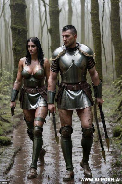 Roman soldiers holding weapons walking through woods differently clothed. there is also a centurion - ai-porn.ai on pornintellect.com