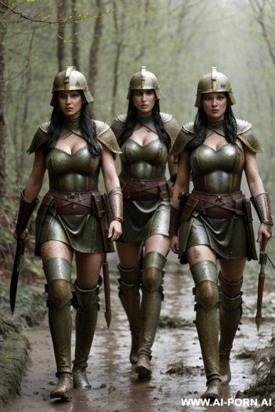 Ancient greek soldiers holding weapons walking through woods differently clothed. there is also a female centurion. all have helmets on - ai-porn.ai - Greece on pornintellect.com