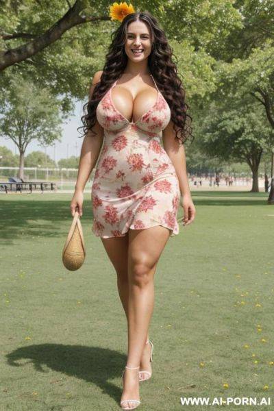 Tall, female football athlete, massive breasts, wide hips, smiling, ((long wavy hair)), at a park, muscular legs, wearing a flower summer dress - ai-porn.ai on pornintellect.com