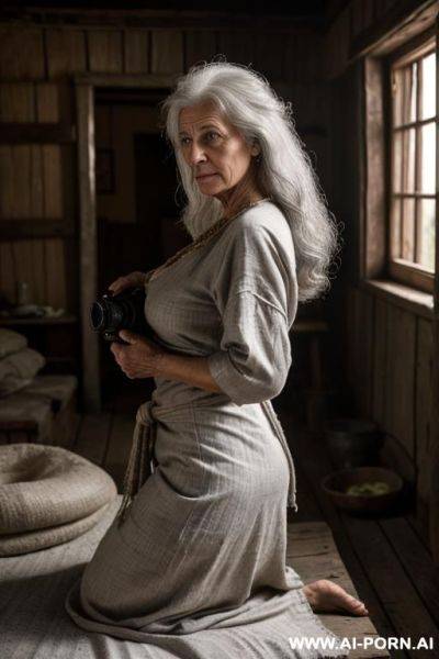 ((two people in the frame!)) the image shows a photo shoot scene inside a , rustic ukrainian village house at night. a ((male photographer)) and an ((elderly ukrainian village woman)) are - ai-porn.ai - Ukraine on pornintellect.com