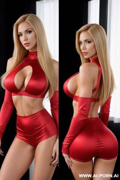 Sexbot, front view, close-up, standing, seductive face, pretty face, long straight blonde hair, fit body, abs, thick arms, shapely arms, shapely legs, (huge fake tits:1.3), huge ass, perfect ass, - ai-porn.ai on pornintellect.com