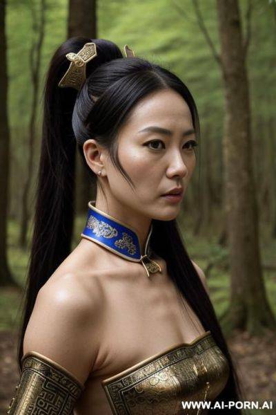 Has a sword, medival chinese armor, pony tail, no nude, a lust and beautiful face, no nude - ai-porn.ai - China on pornintellect.com