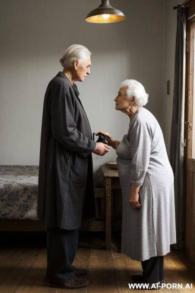 ((two!-distinct-people-in-the-frame!)). ((man!-with-a-photo-camera!)). elderly-ukrainian-village-granny. they are standing ((several-steps-apart!)). the scene takes place at night, in a rustic-room dimly-lit by - ai-porn.ai on pornintellect.com