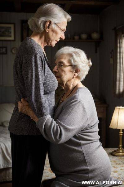 ((two!-distinct-people-in-the-frame!)): ((man!-with-a-photo-camera!)) and elderly-ukrainian-village-granny. scene takes place at night, in a rustic-room dimly-lit by soft-yellow-light from a ceiling-bulb. the ((man!)) - ai-porn.ai on pornintellect.com