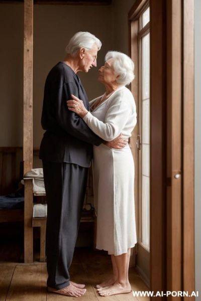 ((two!-distinct-people-in-the-frame!)) a ((male!-with-a-photo-camera!)) and an elderly-ukrainian-village-granny are ((clearly-visible-together)). the scene takes place at night, in a rustic-room dimly-lit by - ai-porn.ai on pornintellect.com