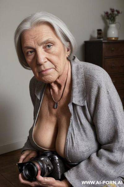((two-distinct-people-in-the-frame!)) a ((male-with-a-camera)) and an elderly-ukrainian-village-granny are ((clearly-visible-together)). the scene takes place at night, in a rustic-room dimly-lit by soft-yellow-light - ai-porn.ai on pornintellect.com