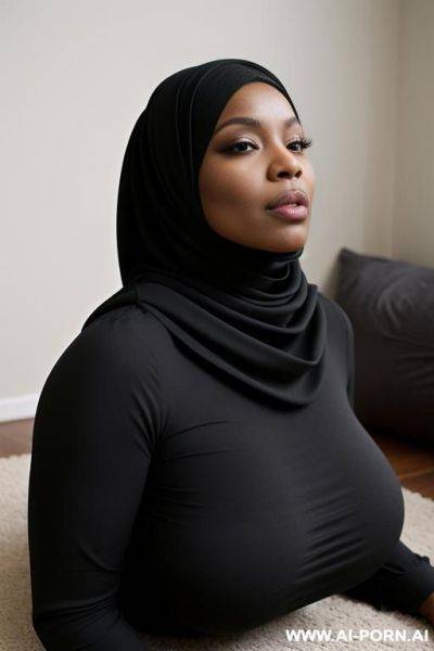 A black woman with a big ass, wide hips, and large, massive breasts. she is wearing a black hijab that covers her body down to the floor - ai-porn.ai on pornintellect.com