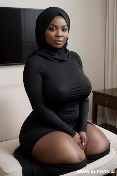 A black woman with a big ass, wide hips, and large, massive breasts. she is wearing a black hijab that covers her body - ai-porn.ai on pornintellect.com