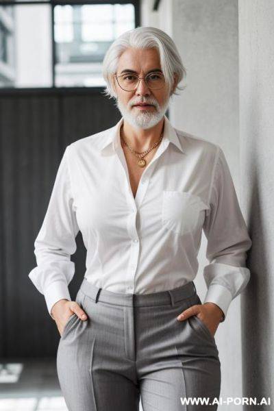 1 perman, wearing old round-frame glasses, grey pants, white shirt, white hair, white beard - ai-porn.ai on pornintellect.com