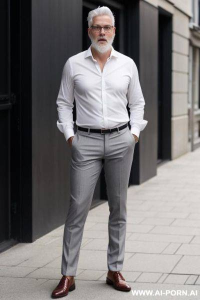 1man, wear a old glasses, grey trousers, white shirt, white hair, white beard - ai-porn.ai on pornintellect.com