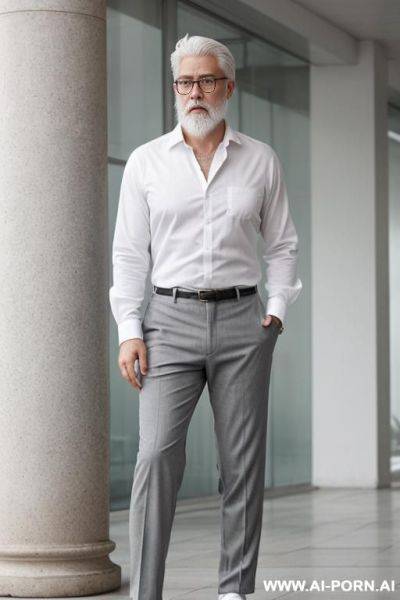 1 man, wearing old round-frame glasses, grey pants, white shirt, white hair, white beard - ai-porn.ai on pornintellect.com