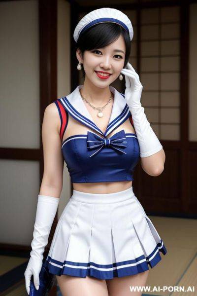 A ja[anese woman wear necklace, sailor uniform, gloves, sailor collar, white gloves, blue skirt, earrings, blue sailor collar, elry, blue necklace, elbow gloves, short hair, bow, pleated skirt, knee boots, - ai-porn.ai on pornintellect.com