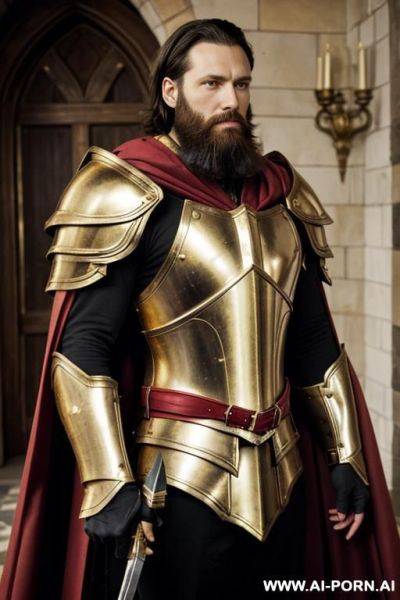 1 man, an adult wear gold armor and holding a weapon, red cape, very strong, a lot beard, in castle - ai-porn.ai on pornintellect.com