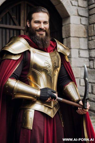1 man, an adult wear gold armor and holding a weapon, red cape, very strong, a lot beard, in castle, evil smile - ai-porn.ai on pornintellect.com