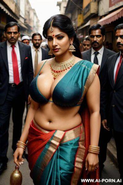 Indian woman, busty, sexy sari, street, surrounded by men - ai-porn.ai - India on pornintellect.com