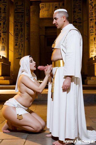 Two ancient egyptian male priests in white skirts fingering a chubby full naked female temple servant with shaved vagina to orgasm - ai-porn.ai - Egypt on pornintellect.com