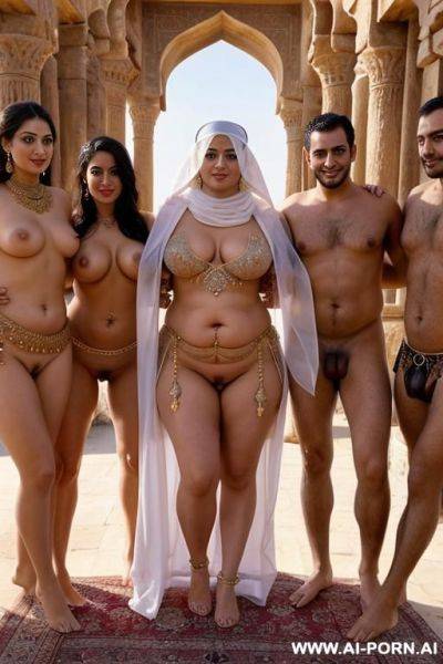 An ancient sheikh and his well dressed guests are inspecting a chubby full naked belly dancer with shaved vagina and veiled face - ai-porn.ai on pornintellect.com