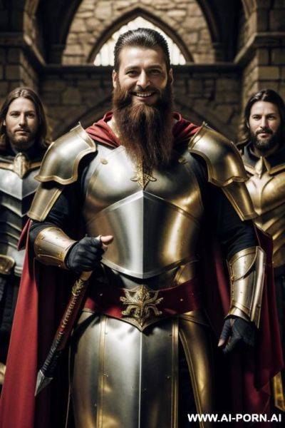 3man, adults wear gold armor and holding a weapon, red cape, very strong, a lot beard, in castle, evil smile - ai-porn.ai on pornintellect.com
