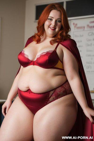 Close up half body photo shot, about at classroom, chubby ((very obese and handlovess)) redhead fat bbw teacher, wearing a hot heroine (red and yellow suit), with a flowing cape and gloves, and stocking. she has powerfull eyes! - ai-porn.ai on pornintellect.com