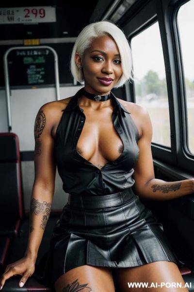 A naked dark-skinned muscular woman with short white hair, a body covered in vulgar inscriptions and sprayed with white liquid in a collar, lies in tears with a lost look in full growth, toples, piercing nipples, black lipstick, erected nipples - ai-porn.ai on pornintellect.com