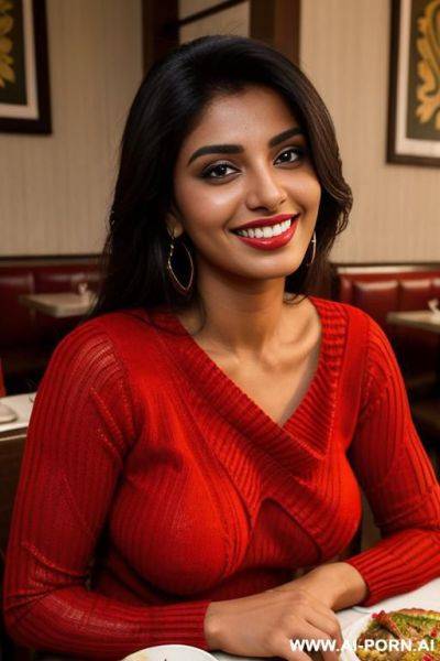 (tanned pakistani woman) (low cut red sweater) (sitting at restaurant table) (grinning) - ai-porn.ai - Pakistan on pornintellect.com