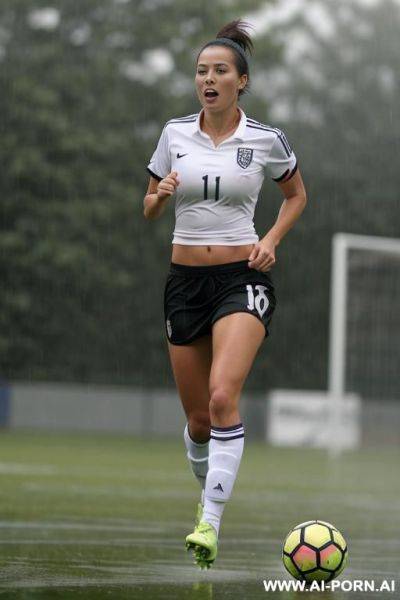 Busty soccer player, totally nude, running on the soccer field in the rain. - ai-porn.ai on pornintellect.com