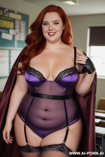 Close up half body photo shot, about at classroom, chubby ((very obese and handlovess)) redhead fat bbw super-heroine comic, wearing a hot heroine (energetic colors suit), with a flowing cape and gloves, garter belt suite. she has powerfull eyes! - ai-porn.ai on pornintellect.com