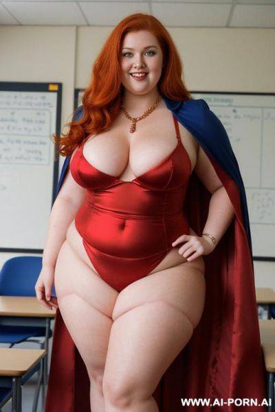 Close up half body photo shot, about at classroom, chubby very ((obese)) redhead fat bbw curvy teacher, wearing a sexy and hot and sexy heroine red and gold suit with cape, teaching to the classroom. - ai-porn.ai on pornintellect.com