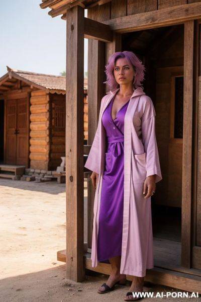 A woman of european appearance, in a short, unbuttoned robe, without underwear, stands on the porch of a village house - ai-porn.ai on pornintellect.com
