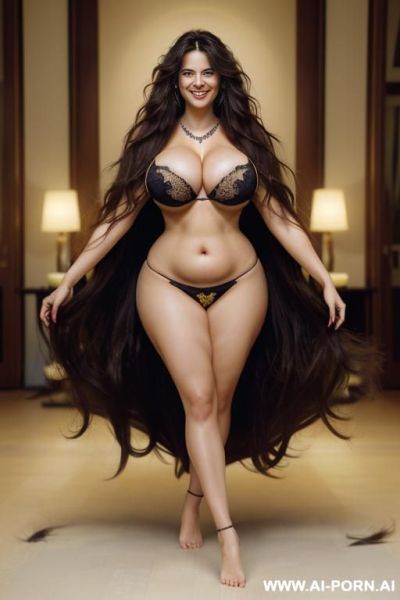 (((extremely long messy hair))), huge fake tits, thick arms, shapely arms, ((massive fat breasts)), smiling, necklace, sitting, wearing a yellow kimono - ai-porn.ai on pornintellect.com