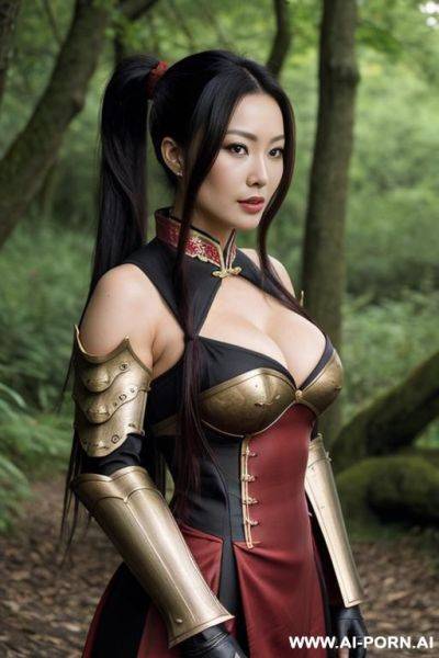 Has weapon, medival chinese fighter, cool red armor, pony tail, dress clothes, a lust and beautiful face, no nude, full body photo, a confident face - ai-porn.ai - China on pornintellect.com