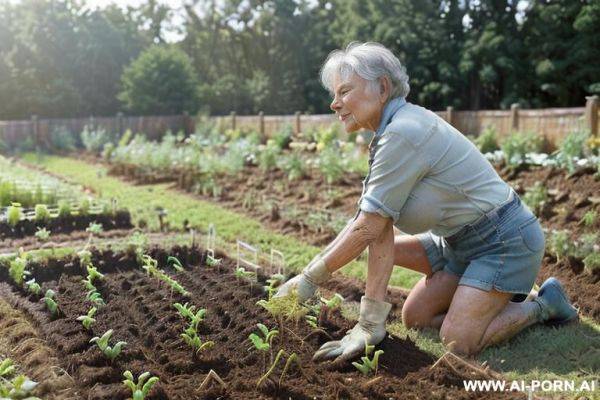 ((((((old woman kneeling in the garden, planting seedlings!)))))) (((full body visible!!!))) (((landscape frame!!!))) (((side view only!!!))) (((angled side view!!!))) (((her body is deeply bent down!!!))) - ai-porn.ai on pornintellect.com