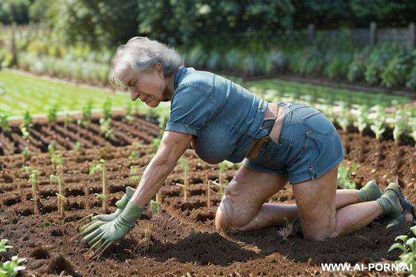 ((((((old woman kneeling in the garden, planting seedlings!)))))). (((she is dressed only in denim shorts!))) (((naked to the waist!))), (((full body visible!!!))). (((landscape frame!!!))), (((side view - ai-porn.ai on pornintellect.com