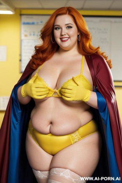 Close up half body photo shot, about at classroom, chubby ((very obese and handlovess)) redhead fat bbw super-heroine comic, wearing a hot heroine (energy yellows colors suit), with a flowing cape and gloves, and stocking. - ai-porn.ai on pornintellect.com