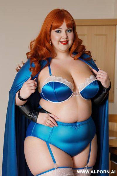 Close up half body photo shot, about at classroom, chubby ((very obese and handlovess)) fat bbw super-heroine comic, wearing a hot heroine (electric and luminous colors suit), with a flowing cape and gloves, and stocking. - ai-porn.ai on pornintellect.com