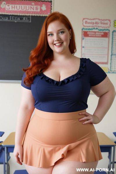Close up full body photo shot, about at classroom, chubby very ((very obese)) redhead fat bbw curvy teacher, wearing a sexy and hot micro red ruffle skirt, and elegant top, teaching to the classroom. - ai-porn.ai on pornintellect.com