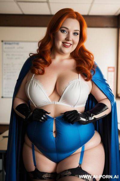 Close up half body photo shot, about at classroom, chubby ((very obese and handlovess)) redhead fat bbw super-heroine comic, wearing a hot heroine (electric and luminous colors suit), with a flowing cape and gloves, and stocking. - ai-porn.ai on pornintellect.com