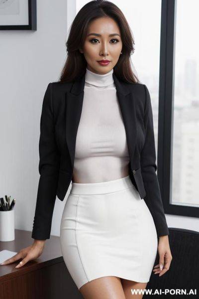 Frame from head to thigh, inner turtleneck, skirt down to thigh, outer blazer, office, gorgeous, perfect body, makeup - ai-porn.ai on pornintellect.com